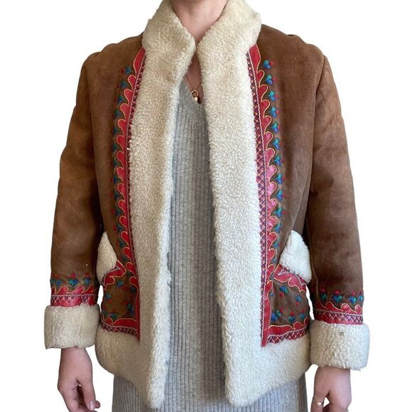 Vintage 70s Retro Shearling Handmade Folk Alfghan Polish Penny Lane Jacket Sz S - Picture 2 of 14